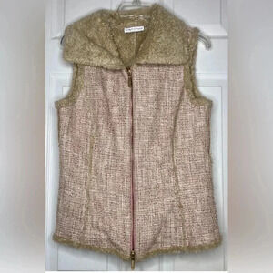 Vintage Women DANA BUCHMAN Pink Beige Tweed Fleece Lined Zip Vest Sz Medium?